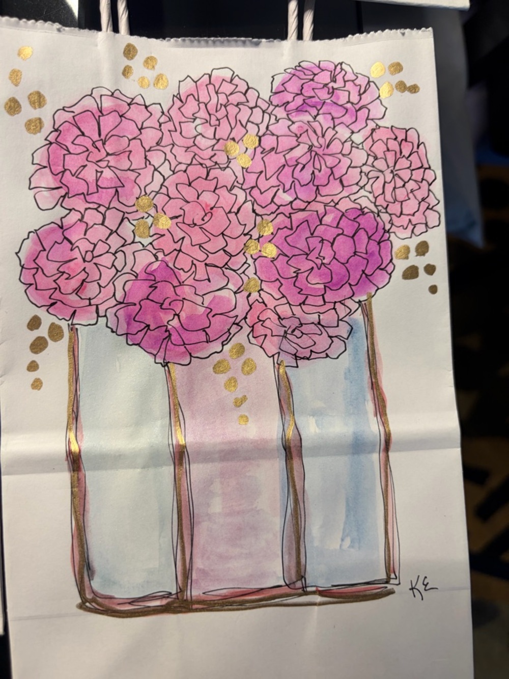 Gift Bag -Hand painted one of a kind Pink Floral with Gold Accents 8x5 inches